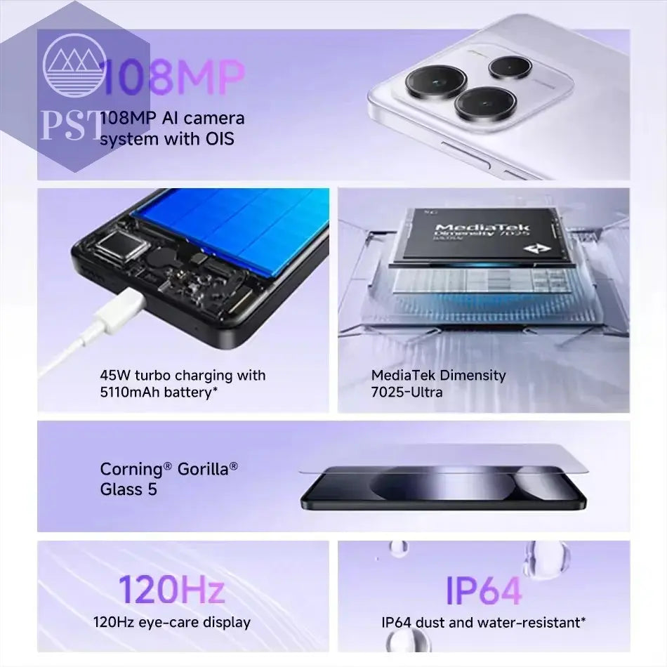 Globale Version Xiaomi Redmi Note 14 5G Smartphone Nfc Mtk Dimentity 7025-Ultra 108Mp Kamera 5110Mah Akku 45W Schnelle Aufladung PST PS Tradings PST PS Tradings PST PS Tradings