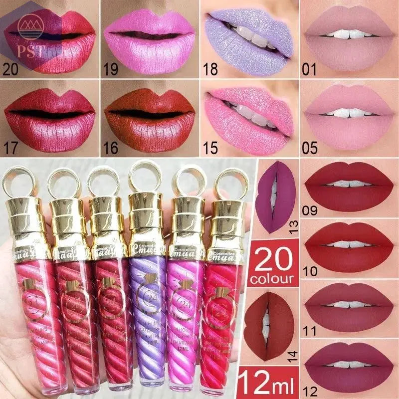 20 Colors Lipstick Waterproof Long Lasting Matte+Shimmer Mental Beauty Lip Gloss Nude Glitter Lip Gloss Beauty Sexy Lip Tint       PST PS Tradings