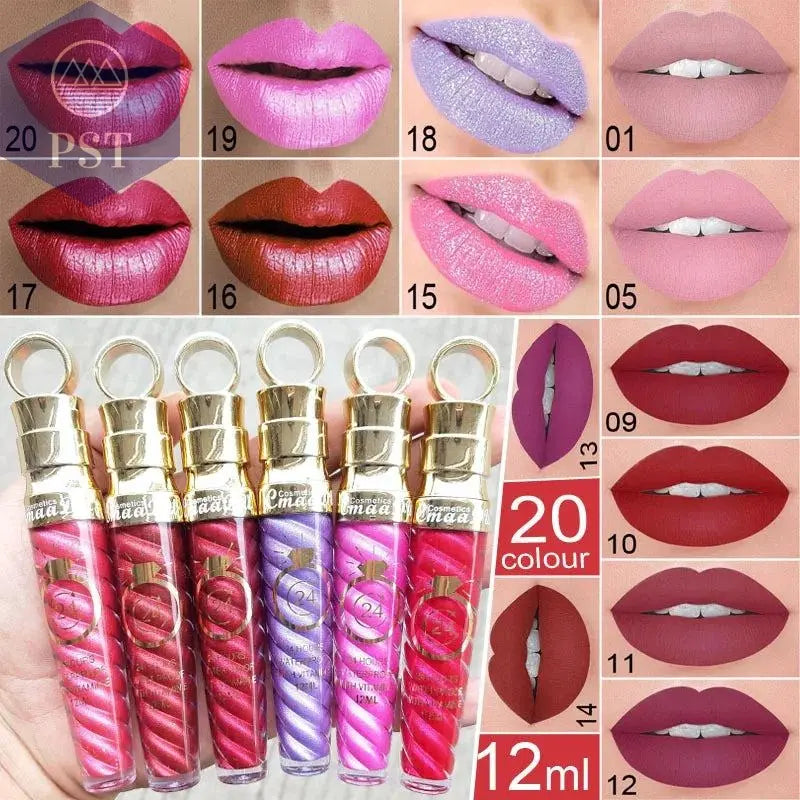 20 Colors Lipstick Waterproof Long Lasting Matte+Shimmer Mental Beauty Lip Gloss Nude Glitter Lip Gloss Beauty Sexy Lip Tint       PST PS Tradings