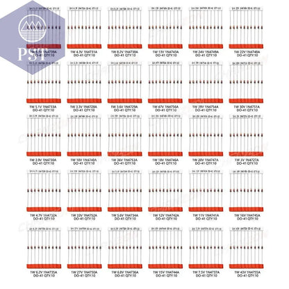 30 Values 1W Zener Diode Assorted Kit 3V 3.3V 3.6V 5.1V 5.6V 7.5V 10V 12V 13V 15V 16V 18V 20V 22V 24V 30V 33V 47V Assortment Set - PST PS Tradings  PST PS Tradings