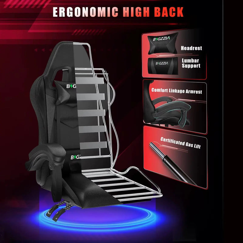 RGB Gaming Chair LED Lights Ergonomic Computer Chair Reclining PU Leather High Back Video Office Chair Adjustable Lumbar Support