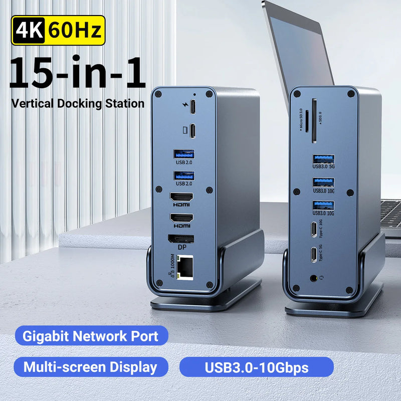 15 in 1 USB-C Docking Station 4K HD Vertical Hub with Triple Monitor ,RJ45 1000M,USB 3.0/2.0,PD 3.0,Sd/Tf,Audio 3.5