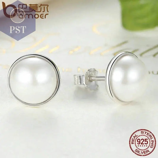 BAMOER Fashion 925 Sterling Silver Elegant Beauty, Round White Shell Pearl Stud Earrings Women Engagement Jewelry Brincos PAS489 - Property & Safety Tradings