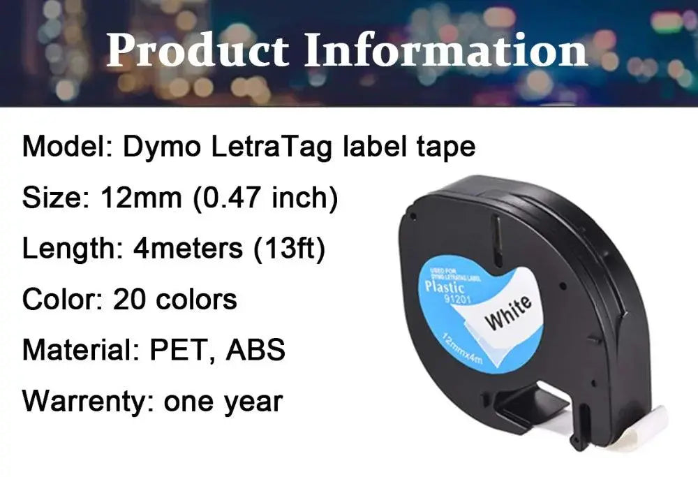 CIDY 91201 Compatible 12mm*4m Black on white Dymo Letratag Plastic Tape LT 91331 LT9120112267 18769 18771 for LT-100H LT-100T - PST PS Tradings