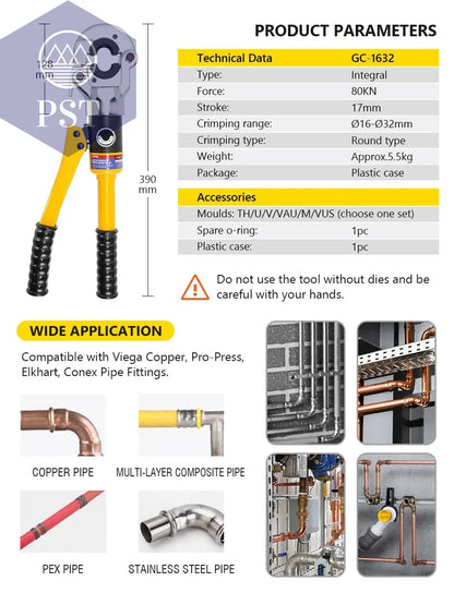 Europe Warehouse Hydraulic Pex Pipe Crimping Tools for Pex,Stainless Steel and Copper Pipe with TH,U,V,M,VAU jaws       PST PS Tradings