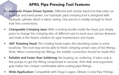 Europe Warehouse Hydraulic Pex Pipe Crimping Tools for Pex,Stainless Steel and Copper Pipe with TH,U,V,M,VAU jaws       PST PS Tradings