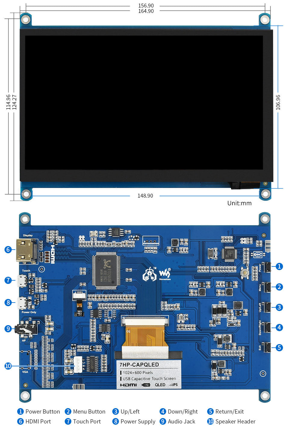 7 Zoll QLED kapazitiver Touchscreen für RPI Raspberry Pi 3 Modell B 3B 4 5 Zero 2 W Zubehör Display Monitor Starter Kit