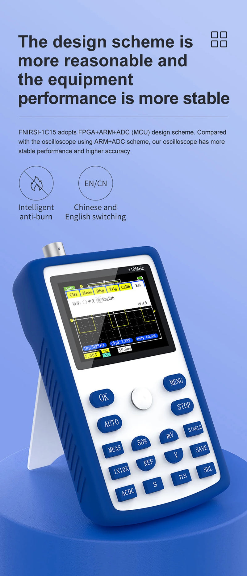 Fnirsi 1 c15 profession elles digitales Oszilloskop 110MHz analoge Bandbreite 500 ms/s Abtastrate unterstützt 1kHz Rechteck welle 400V.