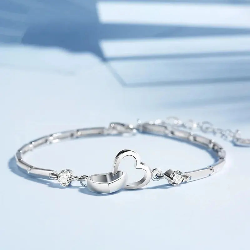 New Charms 925 Sterling Silver Bracelets Bangles for Women Valentine's Days Gift Cubic Zircon Double Heart Bracelet Jewelry - Property & Safety Tradings