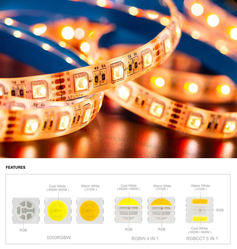 5m 5050 RGBW Led Lights 4pin RGB Led Strip 5pin 4in1 RGBWW RGBCW Led Strip Light 6pin 5in1 RGBCCT Light Strip 12V 24V Waterproof