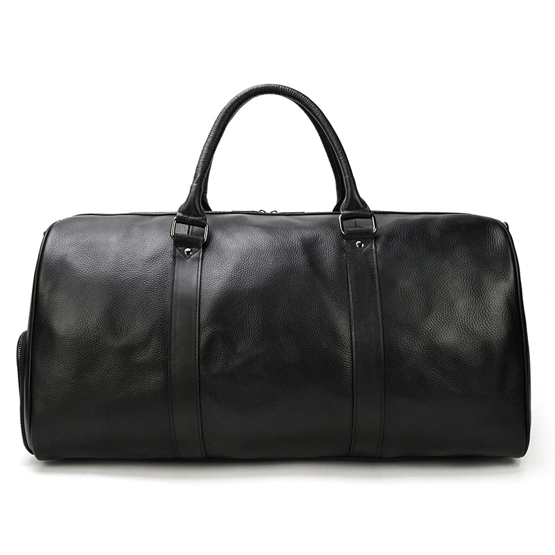 Big Capacity Genuine Leather Travel Bag For Men Women Soft Black Cowhide Casual Travel Duffel Large Luggage Weekend Shoulder Bag