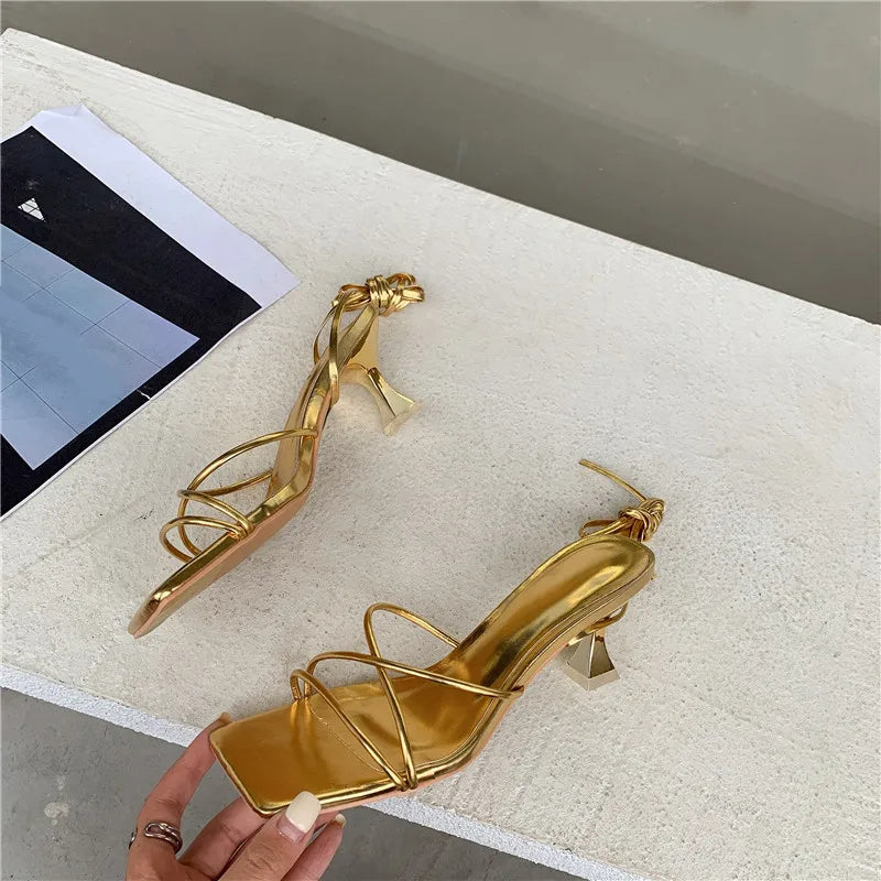 Eilyken Fashion Gold Silver Sandals Thin Low Heel Lace Up Rome Summer Gladiator Women Casual Narrow Band Shoes - Property & Safety Tradings