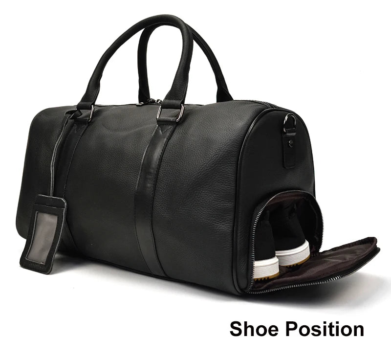 Big Capacity Genuine Leather Travel Bag For Men Women Soft Black Cowhide Casual Travel Duffel Large Luggage Weekend Shoulder Bag