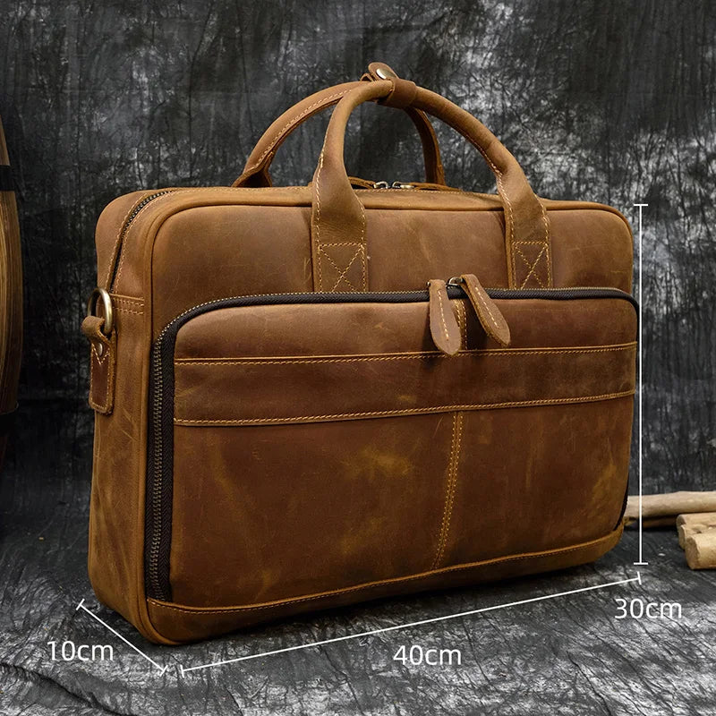 Crazy Horse Genuine Leather Men Briefcase Vintage 16 inch Big Business Laptop Handbag Large Cowhide Messenger Shoulder Bag Man