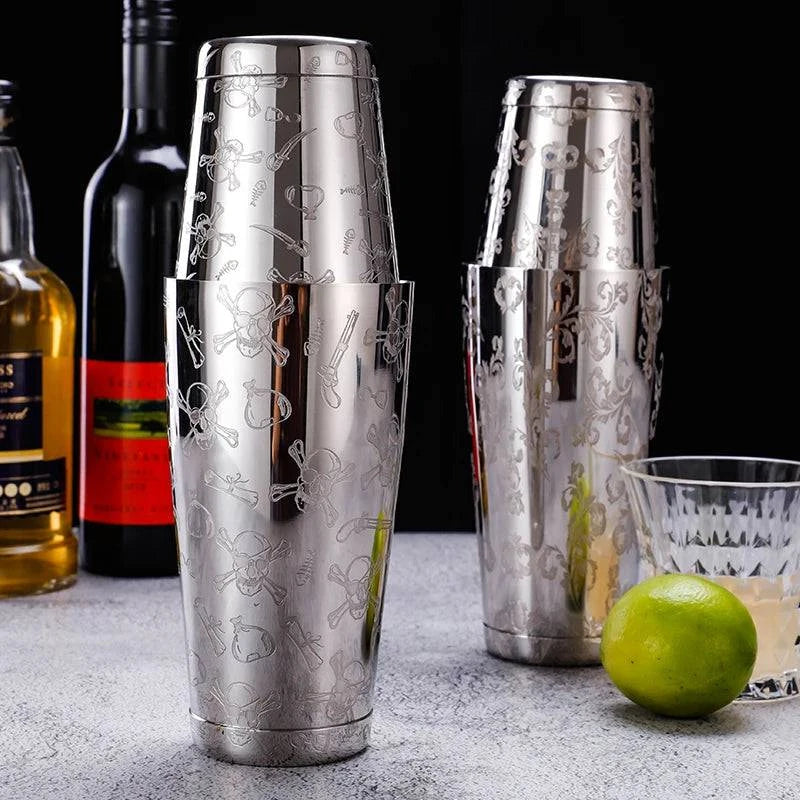 Boston Cocktail Shaker With Etched Pattern Bar Cocktail Shaker Tin Set - 800ml & 500ml - PST PS Tradings