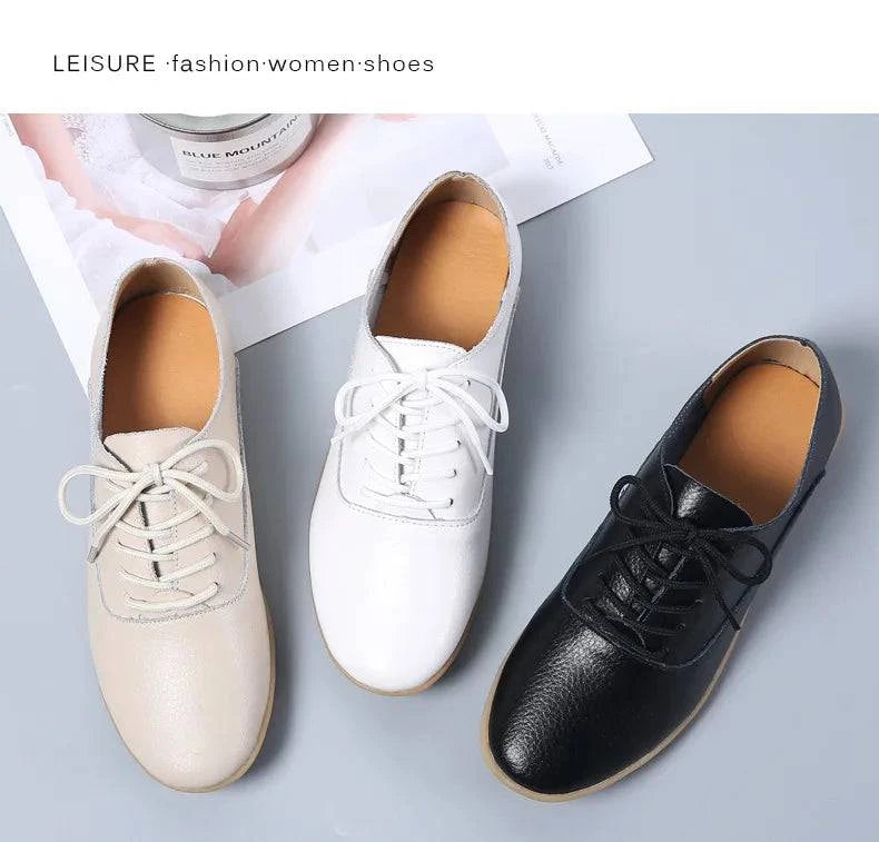 Spring Summer Women Oxford Shoes Ballerina Flats Shoes Women Genuine Leather Shoes Moccasins Lace Up Loafers Zapatos Mujer - PST PS Tradings