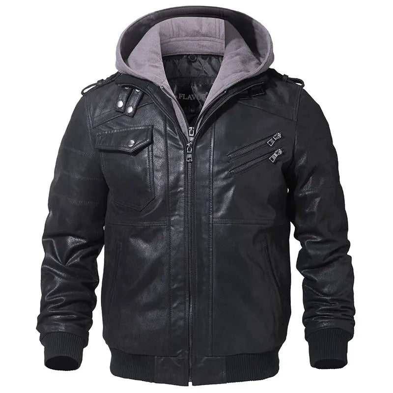 FLAVOR Men's Real Leather Jacket Men Motorcycle Removable Hood winter coat Men Warm Genuine Leather Jackets