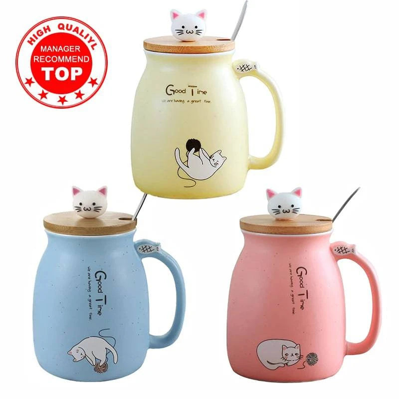 Creative color cat heat-resistant Mug cartoon with lid 450ml cup kitten coffee ceramic mugs children cup office Drinkware gift - PST PS Tradings