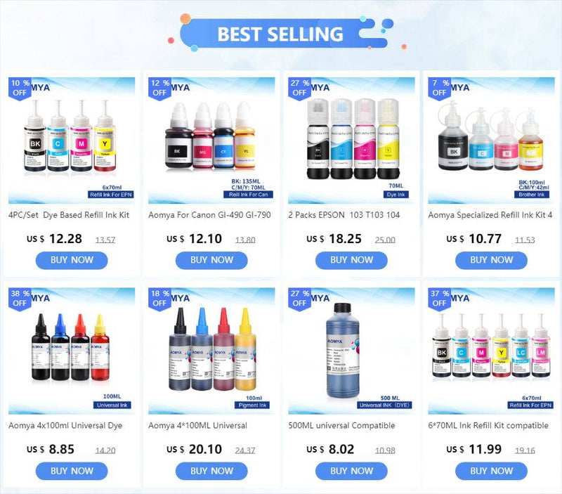 Aomya Refill Dye ink for Canon GI-490 GI 490 790 GI-790 GI-890 Pixma G3100 G1000 G1100 G1400 G2400 G3400 G2000 G2100 Printer/Set - PST PS Tradings