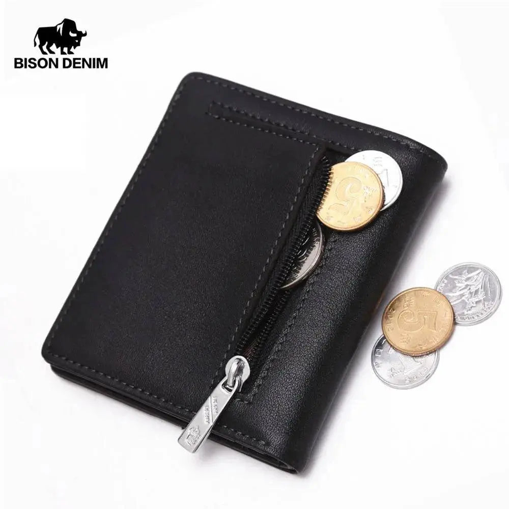 BISON DENIM Fashion Purse Men's Genuine Leather Wallet RFID Blocking Mini Wallet Male Card Holder Small Zipper Coin Purse W9317 - PST PS Tradings