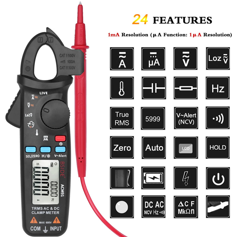 BSIDE Digital Clamp Meter 1mA High-Precision Ammeter Pliers True RMS DC AC Current Car Repair Electrical Temp Tester Multimeter