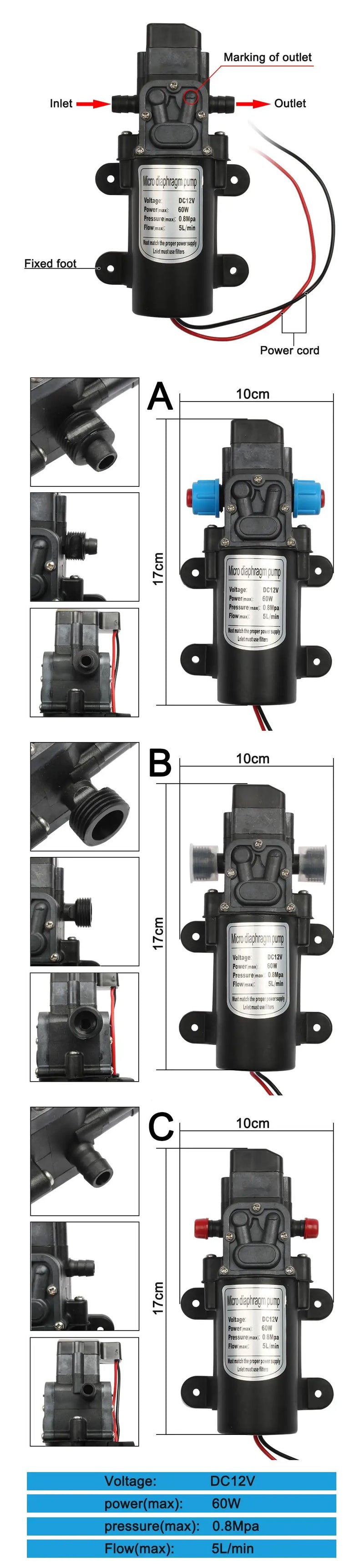 DC 12V 60W Micro Electric Diaphragm Water Pump 5L/min High Pressure Car Washing Spray Water Pump 0.8Mpa 5L/min - PST PS Tradings