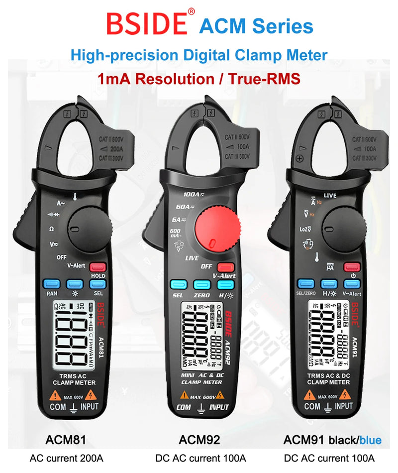 BSIDE Digital Clamp Meter 1mA High-Precision Ammeter Pliers True RMS DC AC Current Car Repair Electrical Temp Tester Multimeter