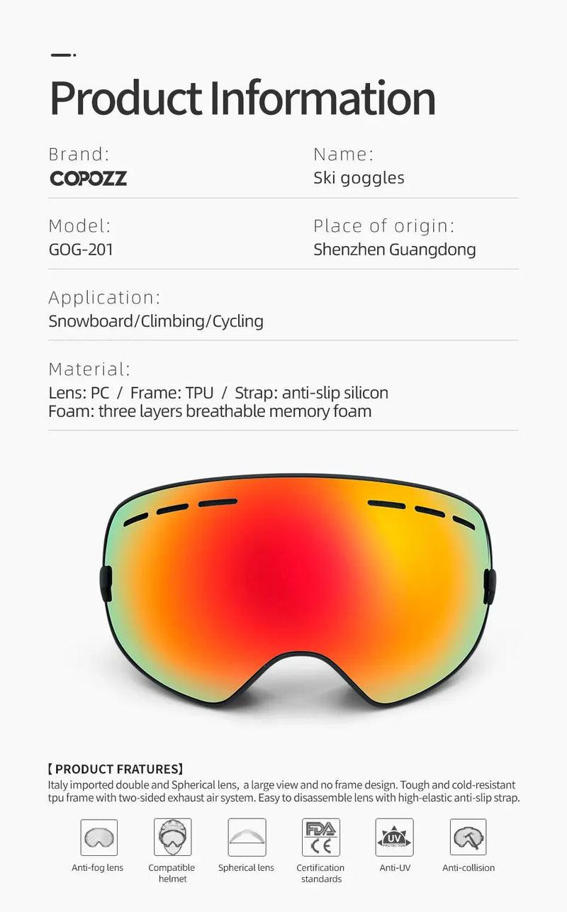 COPOZZ Brand Professional Ski Goggles Double Layers Lens Anti-fog UV400 Big Ski Glasses Skiing Snowboard Men Women Snow Goggles - Property & Safety Tradings