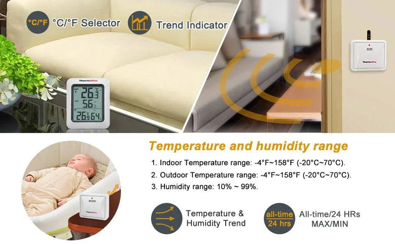 ThermoPro TP60C 60M Wireless Digital Indoor Outdoor Thermometer Hygrometer Weather Station For Home - Property & Safety Tradings