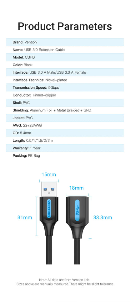 Vention USB 3.0 Extension Cable Male to Female Extender Cable Fast Speed USB 3.0 Cable Extended for laptop PC USB 2.0 Extension