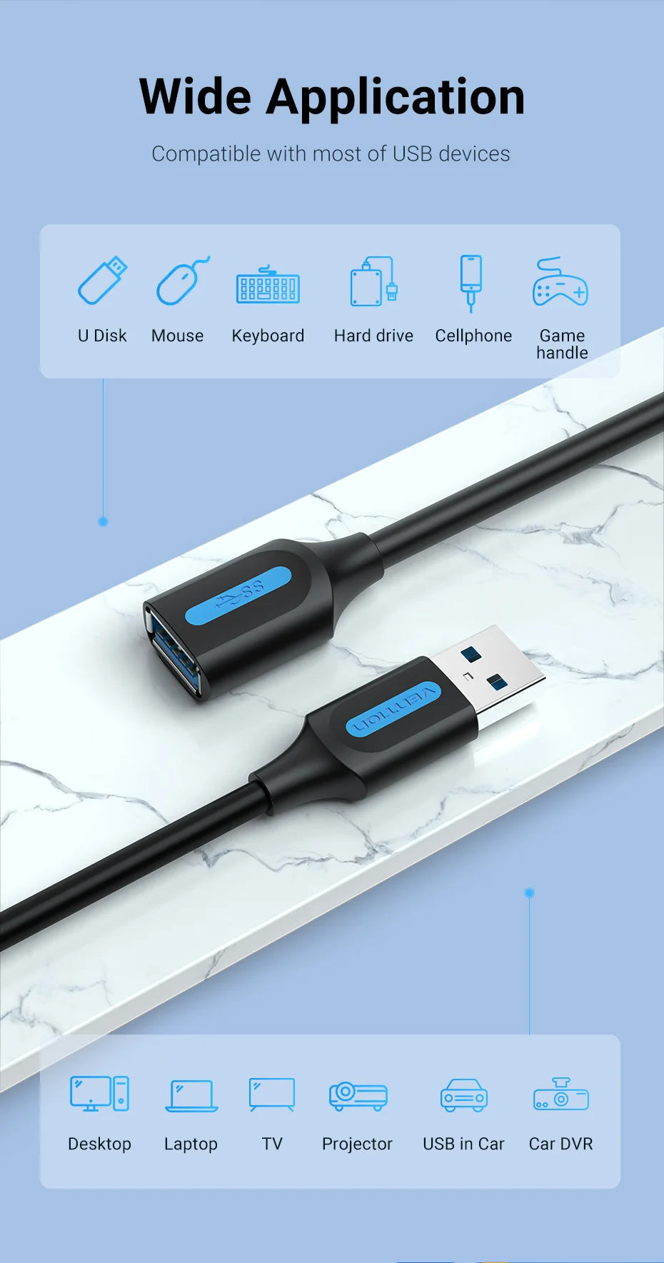 Vention USB 3.0 Extension Cable Male to Female Extender Cable Fast Speed USB 3.0 Cable Extended for laptop PC USB 2.0 Extension