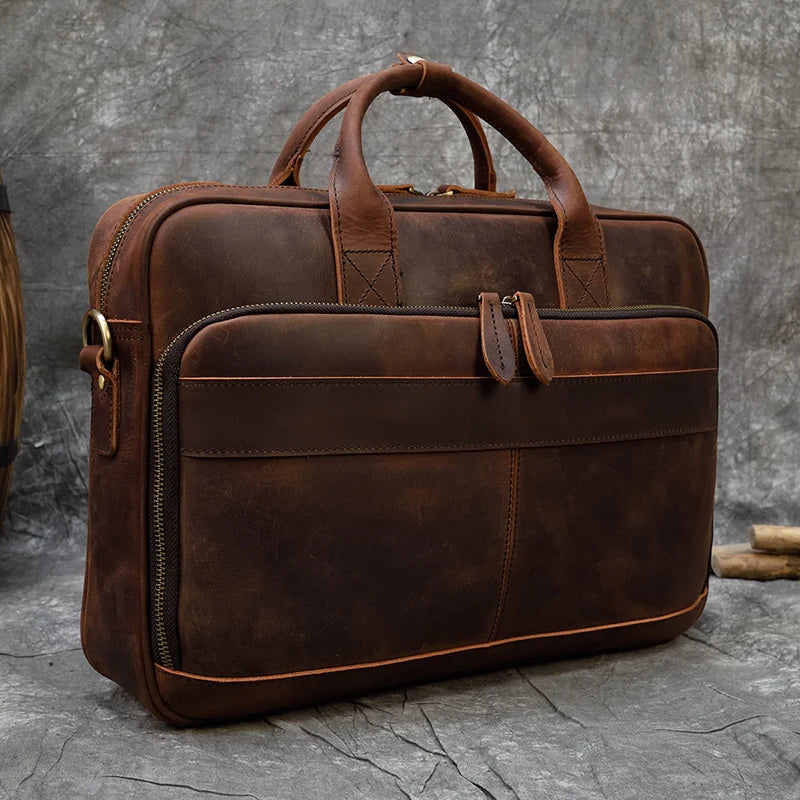 Crazy Horse Genuine Leather Men Briefcase Vintage 16 inch Big Business Laptop Handbag Large Cowhide Messenger Shoulder Bag Man