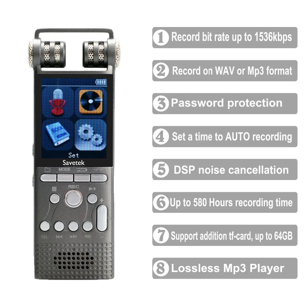 Professional Voice Activated Digital Audio Recorder 16GB 8GB USB Pen Non-Stop 100hr Recording PCM 1536Kbps External Microphone