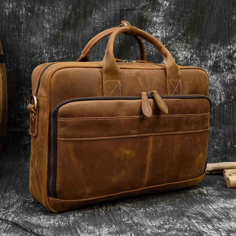 Crazy Horse Genuine Leather Men Briefcase Vintage 16 inch Big Business Laptop Handbag Large Cowhide Messenger Shoulder Bag Man