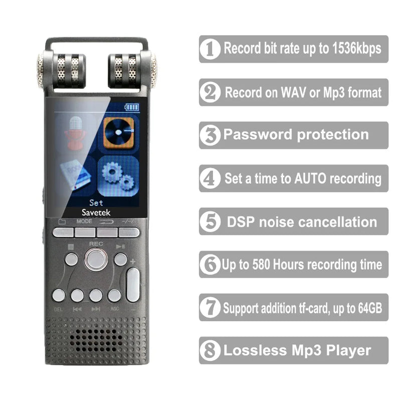 Professional Voice Activated Digital Audio Recorder 16GB 8GB USB Pen Non-Stop 100hr Recording PCM 1536Kbps External Microphone