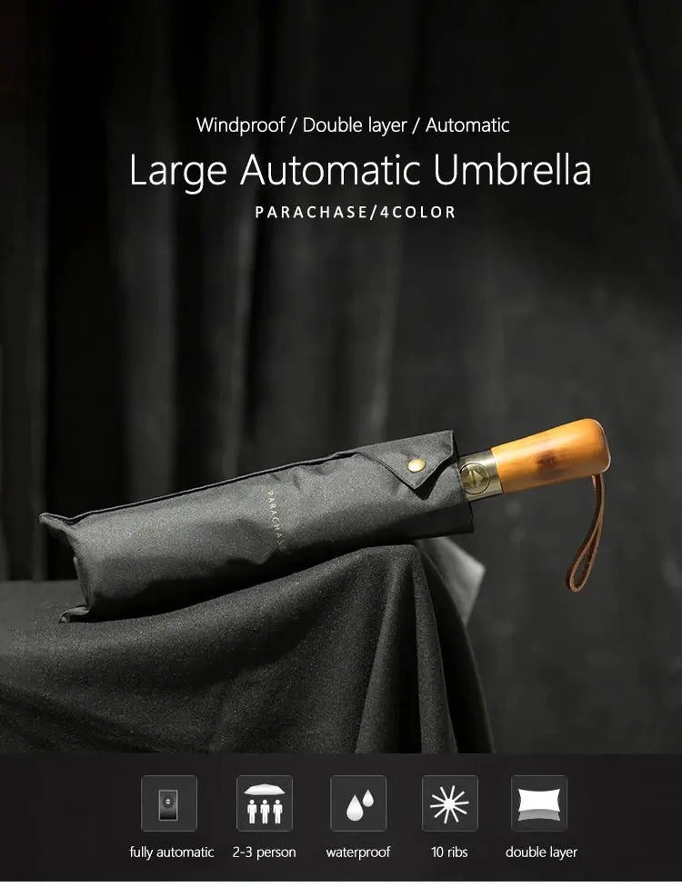 PARACHASE Big Umbrella Men Business Style 115cm Automatic Umbrella Rain Double Layer 10K Windproof Large Golf Umbrellas Wooden - Property & Safety Tradings