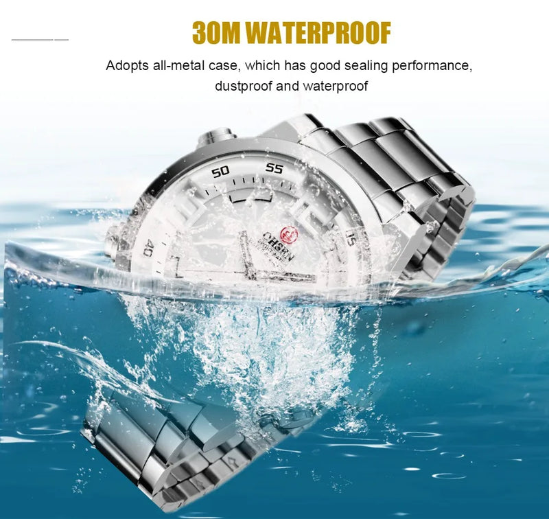 Fashion Sport Watch Men Digital Quartz LED Steel Strap Man Dual Time Watch 3ATM Waterproof Military Wristwatches Relogios - Property & Safety Tradings