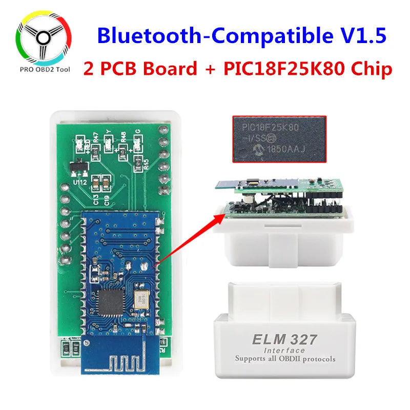 Super Mini ELM327 V1.5 PIC1825K80 Chip Bluetooth-Compatible Double Board OBD2 Diagnostic Tool ELM 327 V1.5 for OBDII Protocols - PST PS Tradings