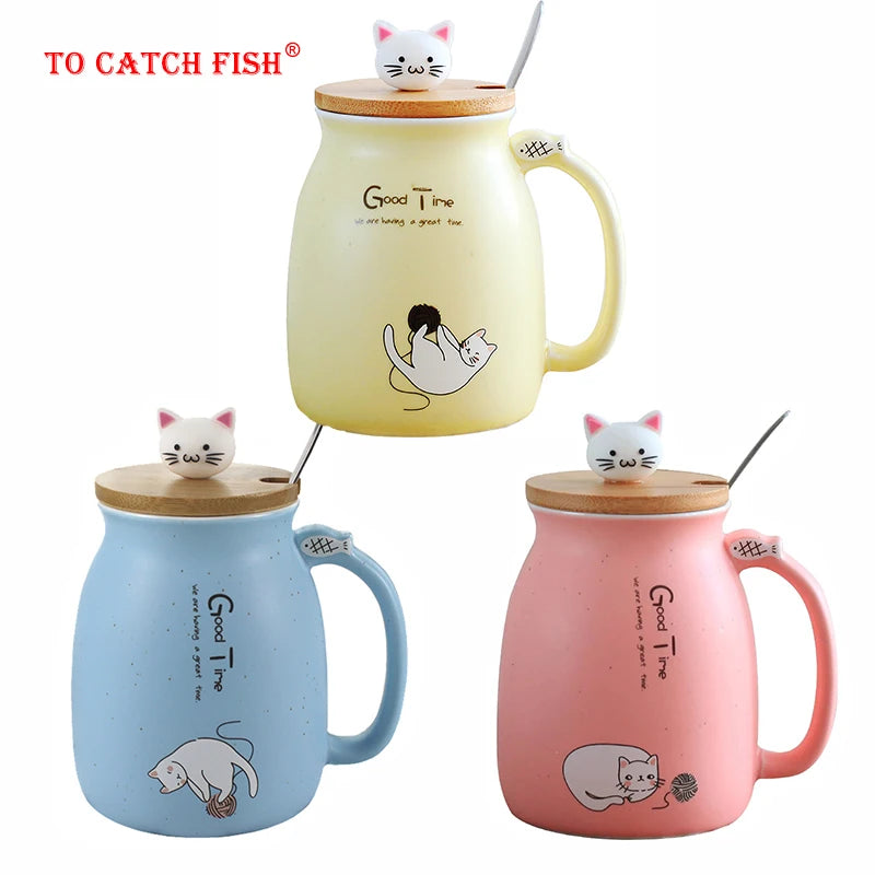 Creative color cat heat-resistant Mug cartoon with lid 450ml cup kitten coffee ceramic mugs children cup office Drinkware gift - PST PS Tradings