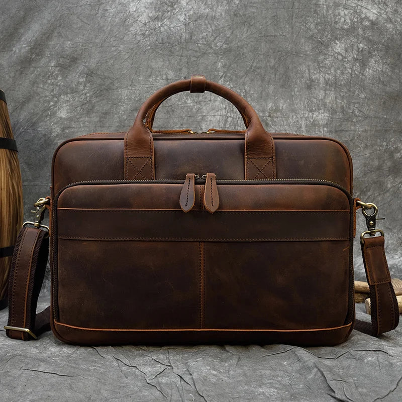 Crazy Horse Genuine Leather Men Briefcase Vintage 16 inch Big Business Laptop Handbag Large Cowhide Messenger Shoulder Bag Man