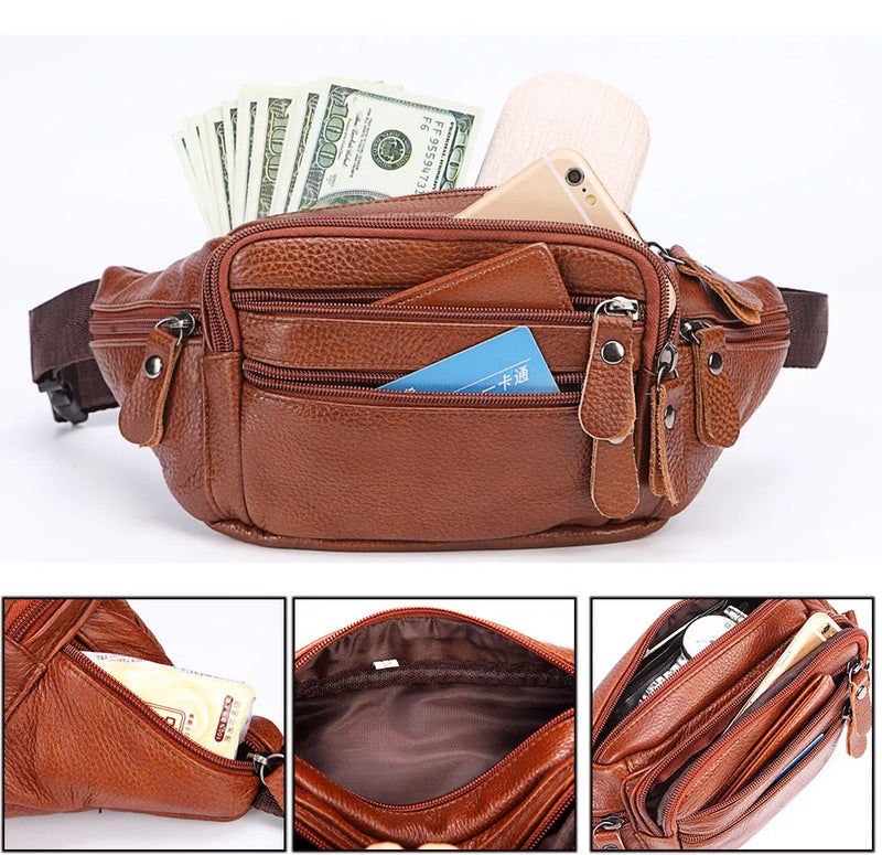 Fashion Men Genuine Leather Fanny Bag for Phone Pouch Male Leather Messenger Bags Brand Fanny Pack Male Travel Waist Bag Men - Property & Safety Tradings