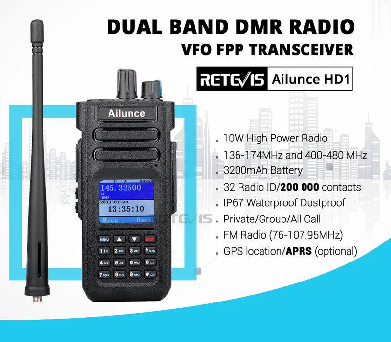 Ailunce HD1 DMR Digitales Walkie-Talkie, Amateurfunk, große Reichweite, Zwei-Wege-Radio, Walkie-Talkie, GPS, VHF, UHF, Dualband-Transceiver