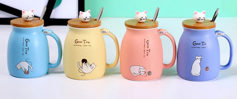 Creative color cat heat-resistant Mug cartoon with lid 450ml cup kitten coffee ceramic mugs children cup office Drinkware gift - PST PS Tradings