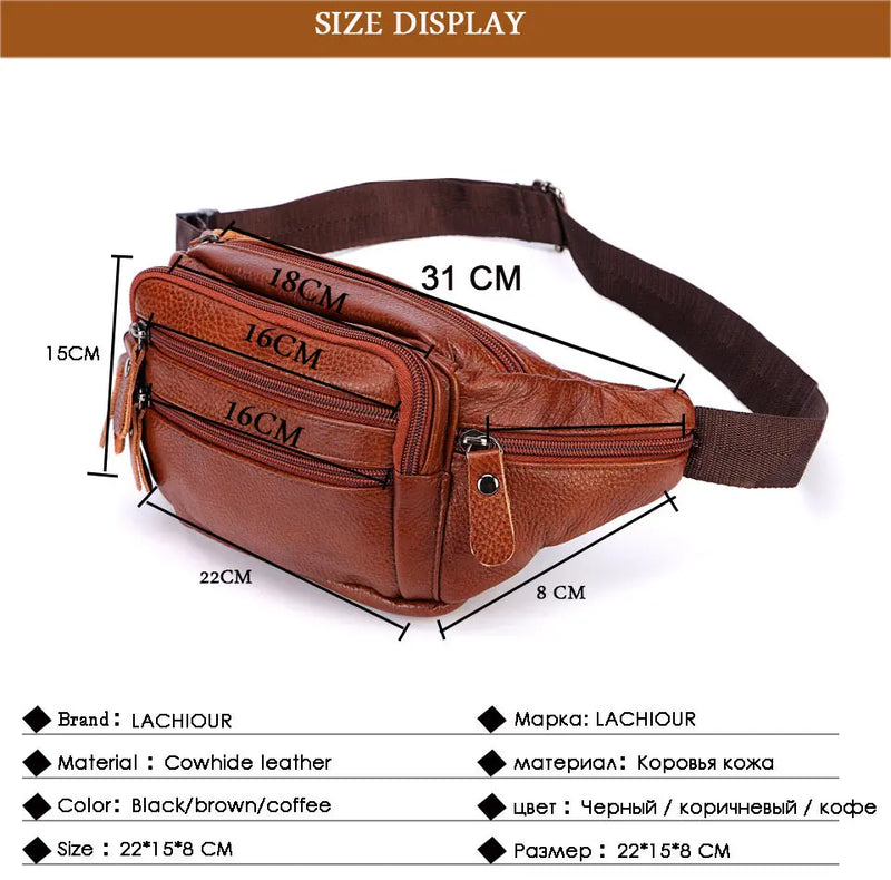 Fashion Men Genuine Leather Fanny Bag for Phone Pouch Male Leather Messenger Bags Brand Fanny Pack Male Travel Waist Bag Men - Property & Safety Tradings