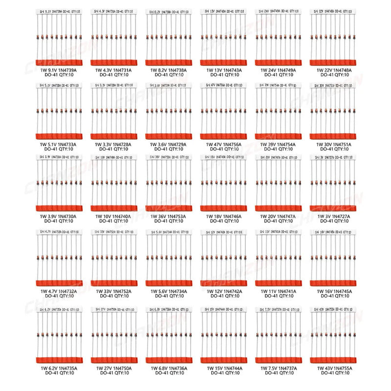 30 Values 1W Zener Diode Assorted Kit 3V 3.3V 3.6V 5.1V 5.6V 7.5V 10V 12V 13V 15V 16V 18V 20V 22V 24V 30V 33V 47V Assortment Set