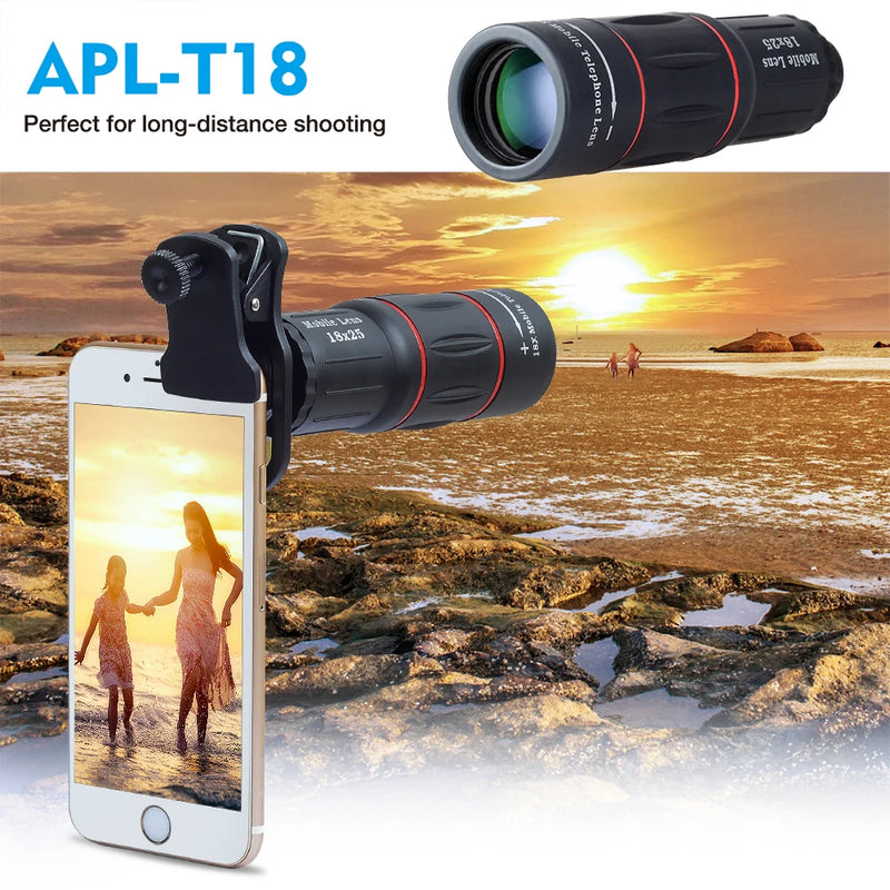 APEXEL Universal 18x25 Monokular Zoom HD Optisches Handyobjektiv Beobachtungsvermessung 18X Teleobjektiv mit Stativ für Smartphone