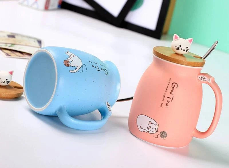 Creative color cat heat-resistant Mug cartoon with lid 450ml cup kitten coffee ceramic mugs children cup office Drinkware gift - PST PS Tradings