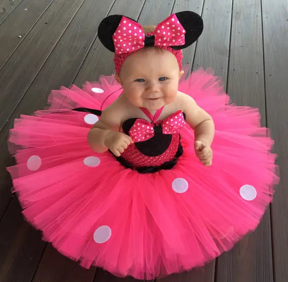 Cute Girls Pink Mickey Tutu Dress Baby Crochet Tulle Dress with White Dots and Hairbow Kids Birthday Party Cartoon Cosplay Dress - PST PS Tradings