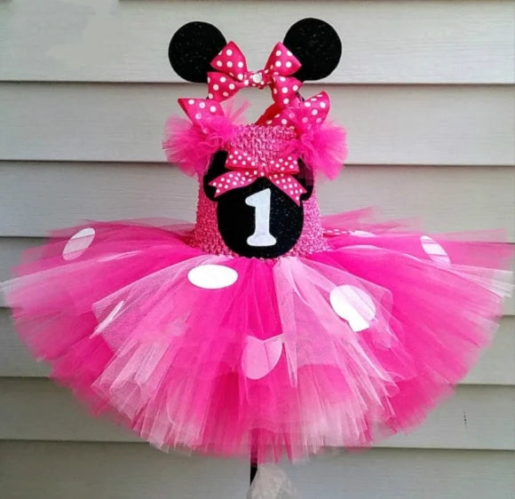 Cute Girls Pink Mickey Tutu Dress Baby Crochet Tulle Dress with White Dots and Hairbow Kids Birthday Party Cartoon Cosplay Dress - PST PS Tradings