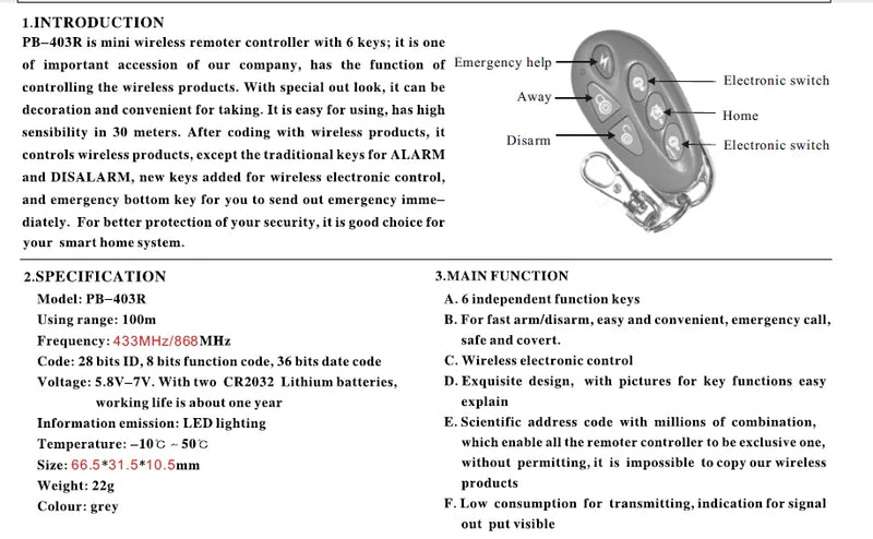 Focus 433Mhz or 868Mhz PB-403R Remote Control Arm Disarm Home Arm SOS 6 Key Function Wireless Alarm Remote Keyfob - PST PS Tradings